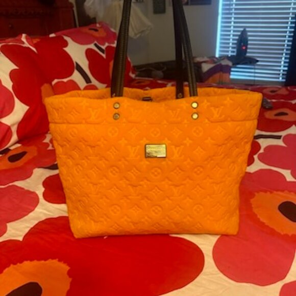 Authentic LOUIS VUITTON Orange Scuba Tote Hand Bag Black Leather Neoprene - Picture 1 of 11